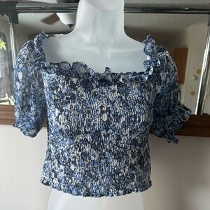 Blue Pattern Cropped Blouse